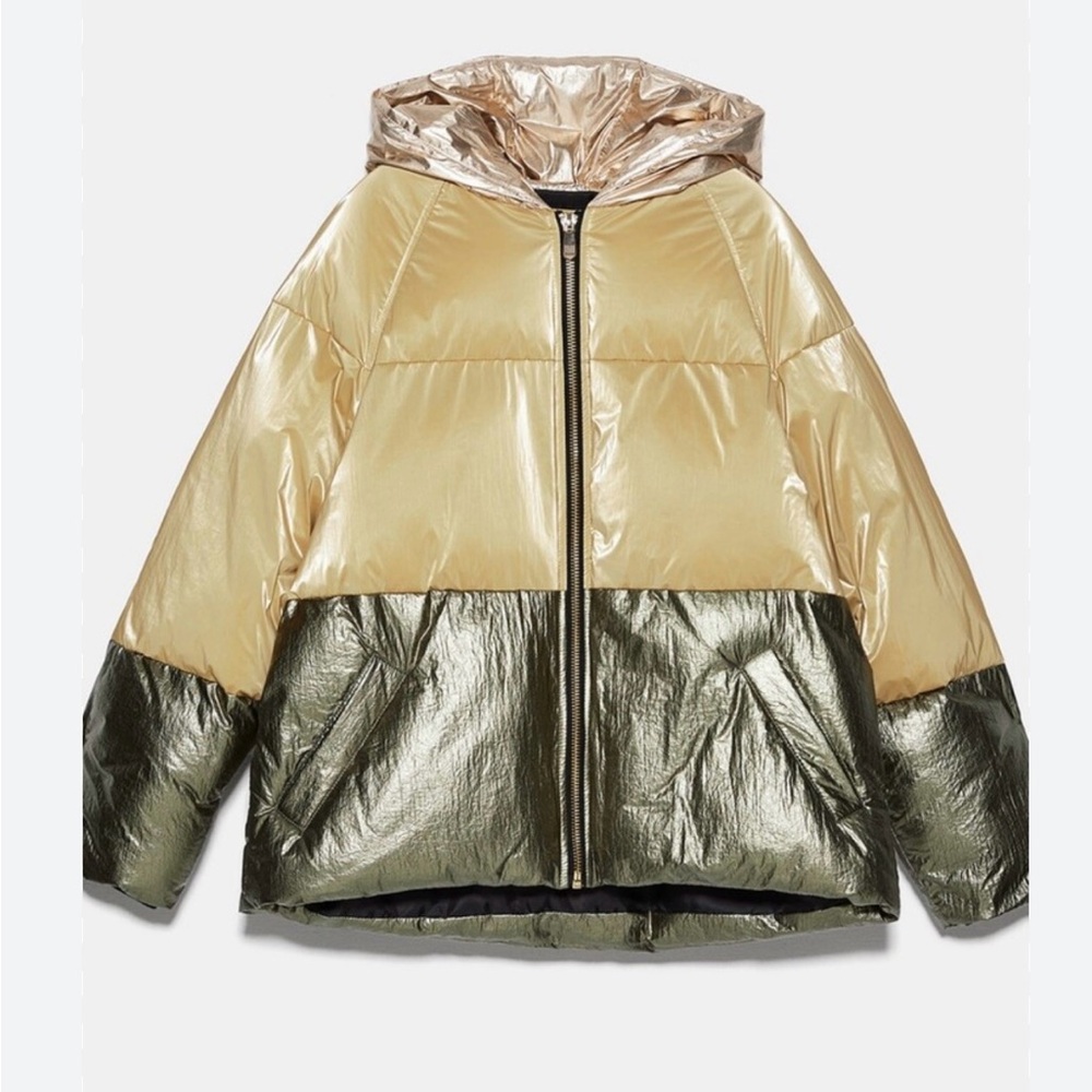 Zara Metallic Colorblock Puffer Jacket